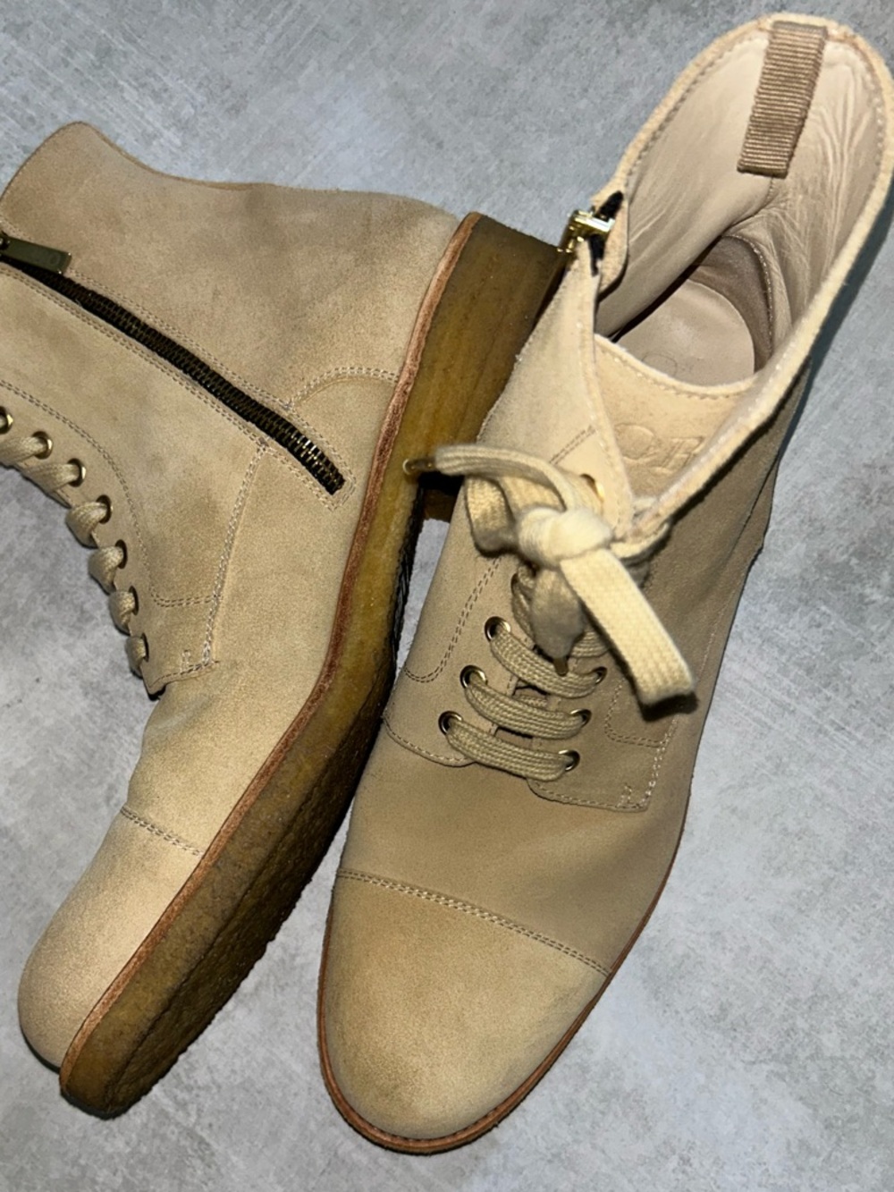 ORO Los Angeles Beige Crepe Suede Combat Boots Size 10